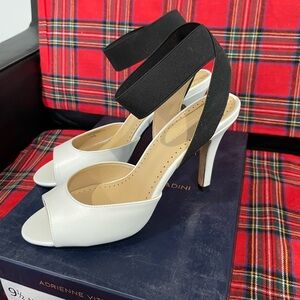 Adrienne Vittadini White Peep-Toe Heels with Black Straps